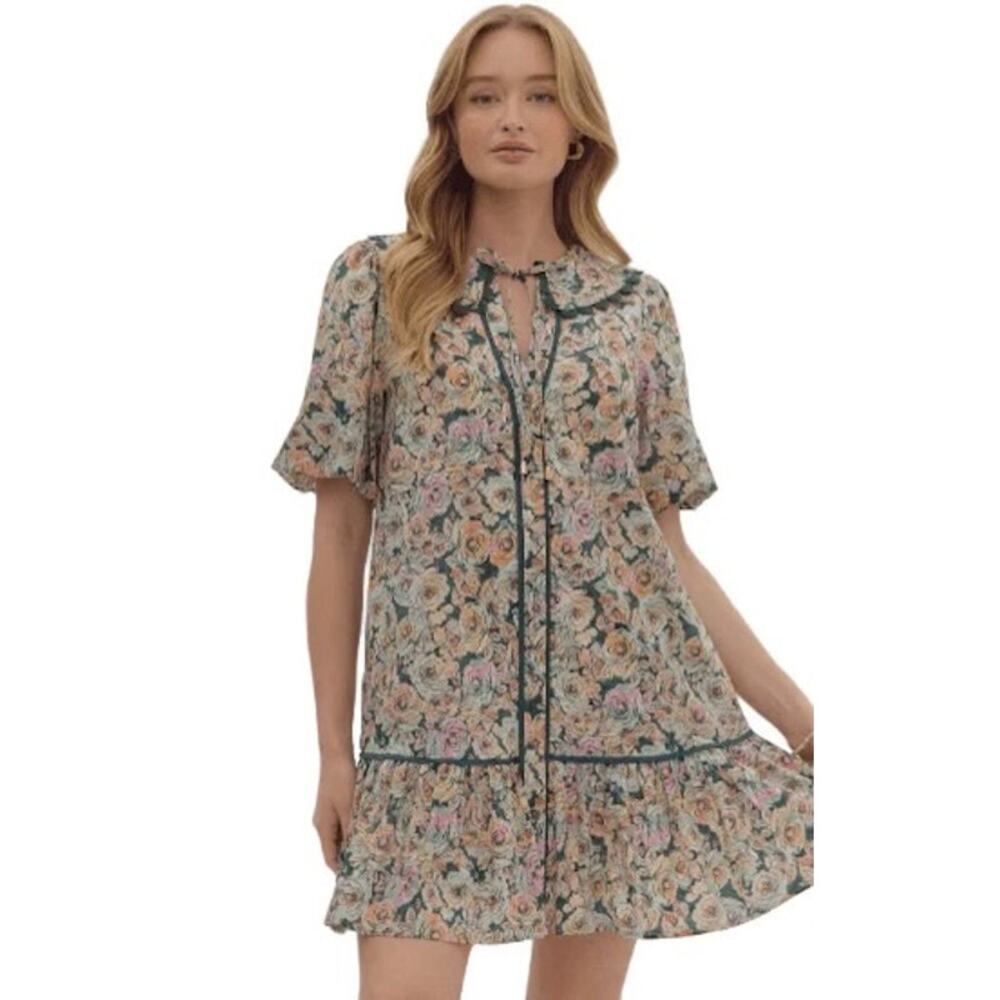 Floral print v-neck collared short sleeve button down mini dress